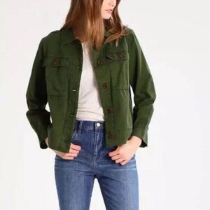 J. Crew linen/cotton bottom down jacket or top olive green pockets womens med